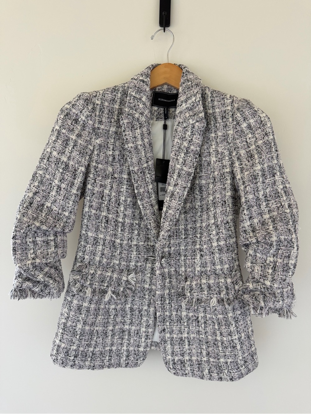 BCBGMaxAzria Gray and White Tweed Blazer with Fringe Trim